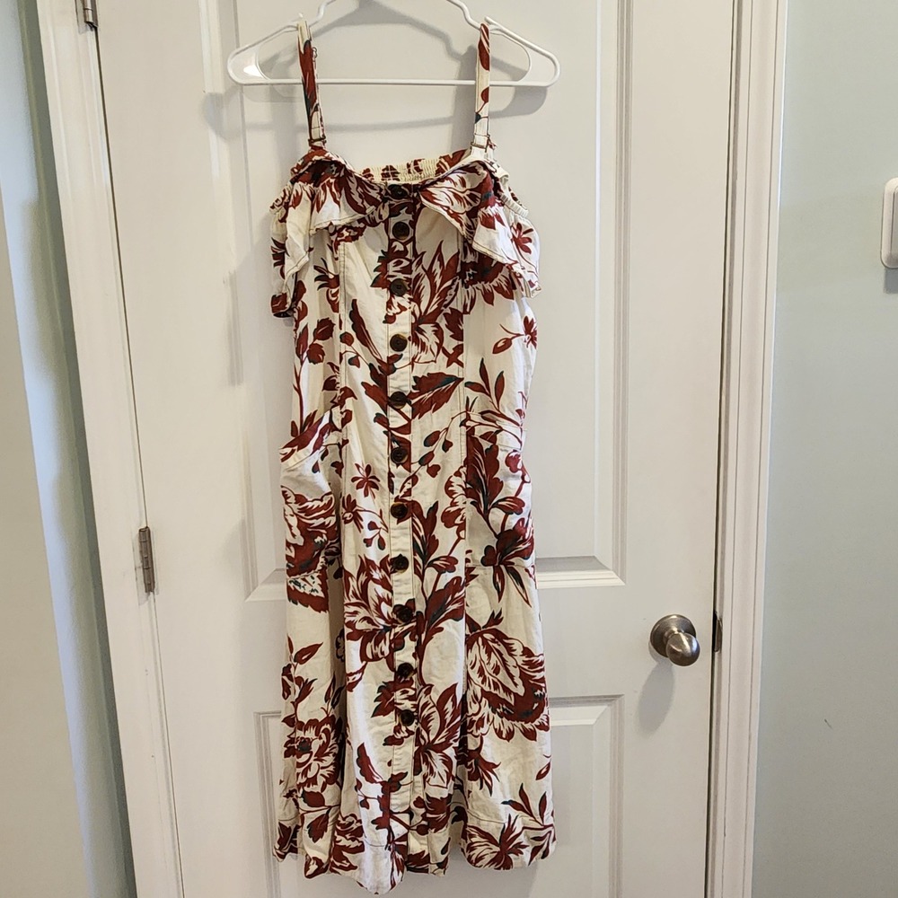 Anthropologie Floral Linen Blend Midi Dress Rust Cream Cold Shoulder Smocked 4